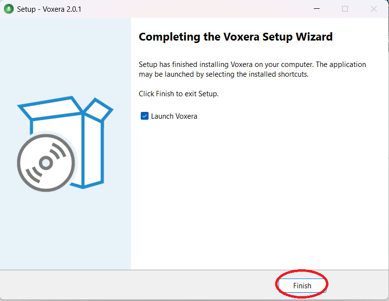 セットアップ完了画面で Voxera を起動にチェックと完了ボタン。